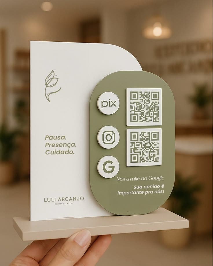 White and green business display with QR codes